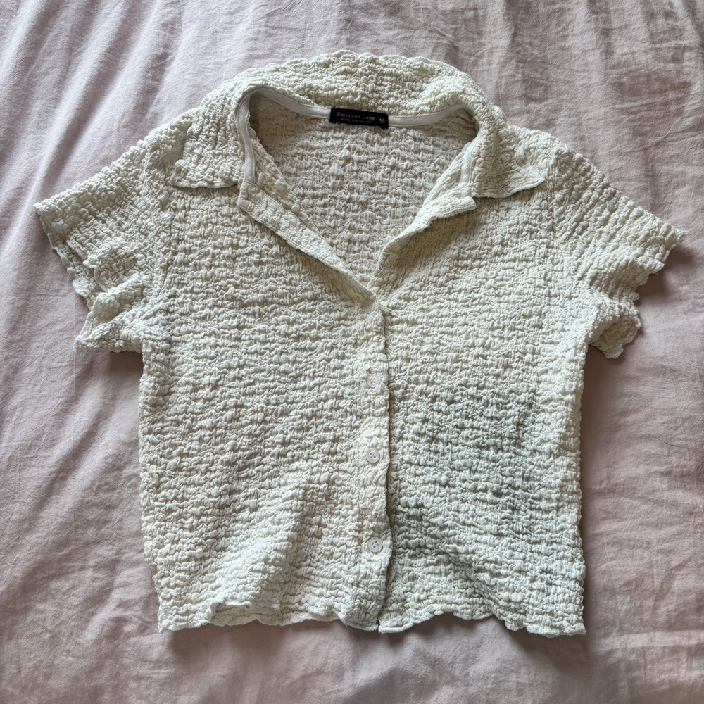 Chic Textured Cream Button-Down Shirt